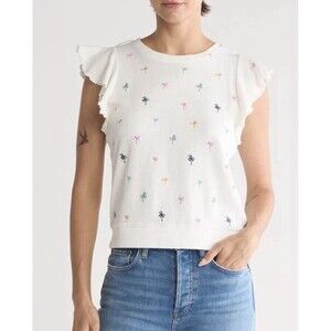 Marine Layer Women’s Sz Large White Caroline Embroidered Sweatshirt Palm Trees